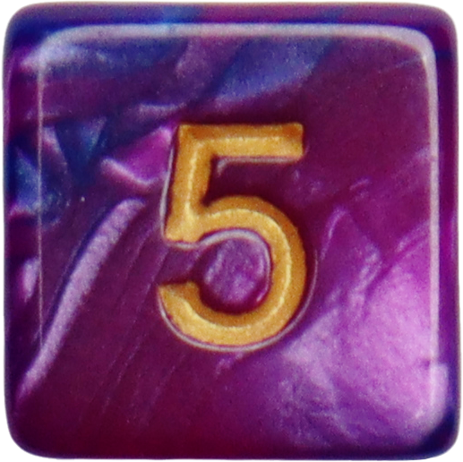 Close-up of a purple six-sided die with a gold number 5, used for tabletop role-playing games and dungeons and dragons games.