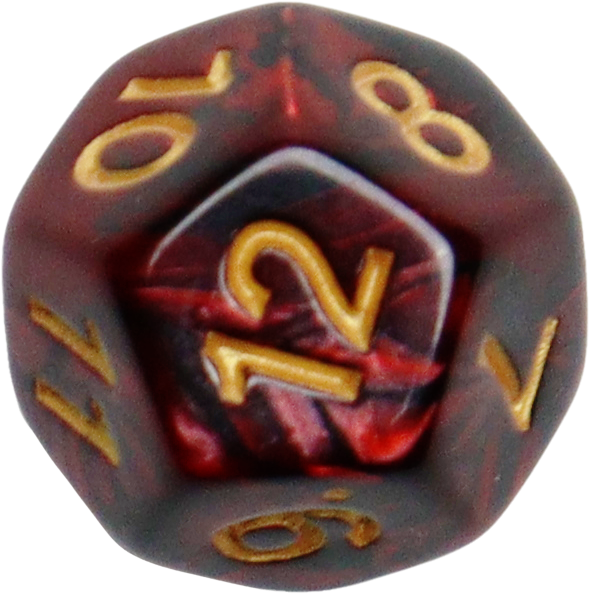 Close-up of a red 12-sided die with gold numbers, used for fun fantasy board games.