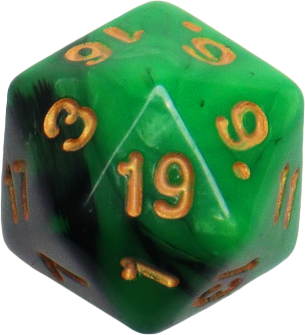 Close-up of a green twenty-sided die with gold numbers, used for tabletop role-playing games like dungeos and dragons.
