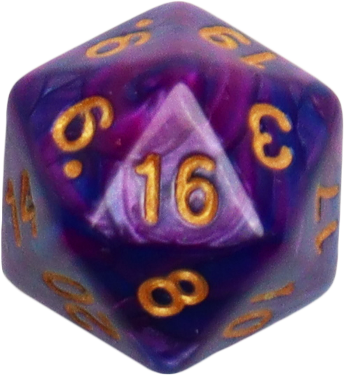 Top-down view of a purple twenty-sided die with the gold number 16 visible. Twenty-sided dice are best known from dnd.