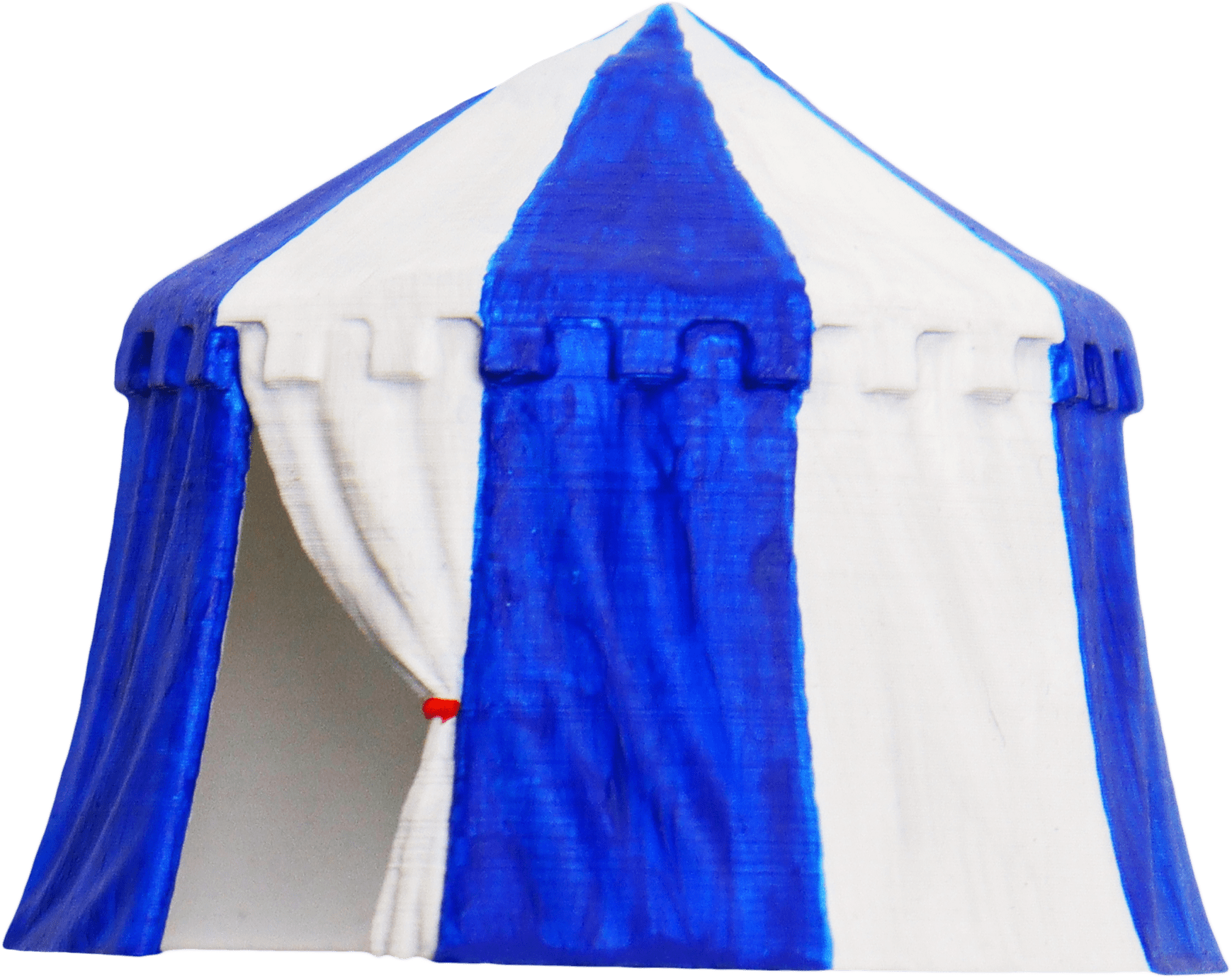 Side view of a miniature circus tent with blue and white vertical stripes, perfect for dioramas.