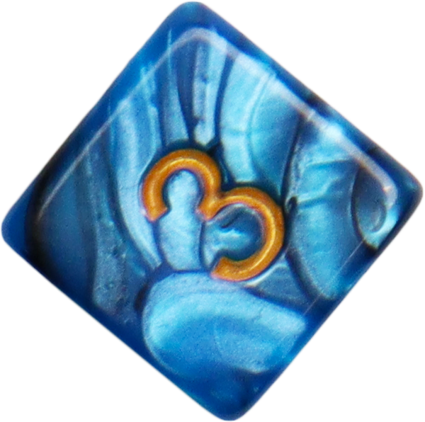 Close-up of a shimmering blue six-sided dice (d6) with gold number detailing, ideal for tabletop RPG gameplay.