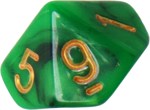 Green ten-sided die with gold numbers 5 and 9 visible.