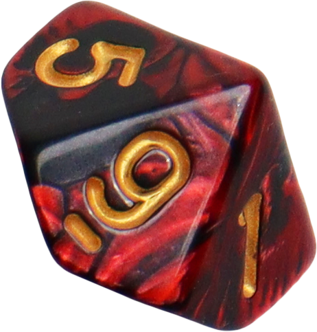 A red, marble-textured ten-sided dice showing the numbers 5 and 9 in gold, used for tabletop RPG adventure games.